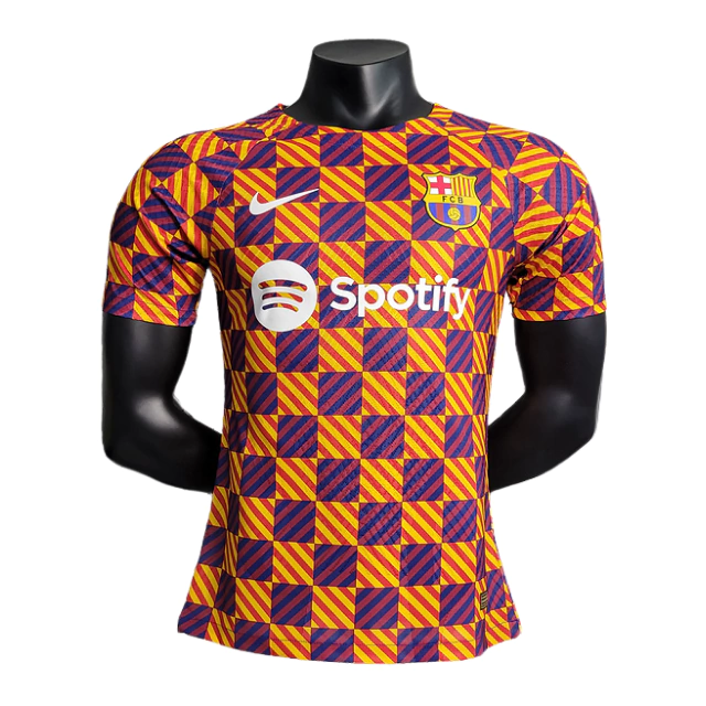 Camisa Barcelona Treino Xadrez 23/24 Nike Laranja - PlayFut