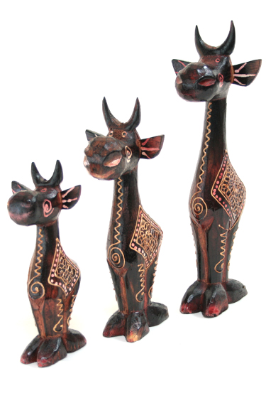 エスニック雑貨□バリ島の木彫りキリン3兄弟の置物3体セット