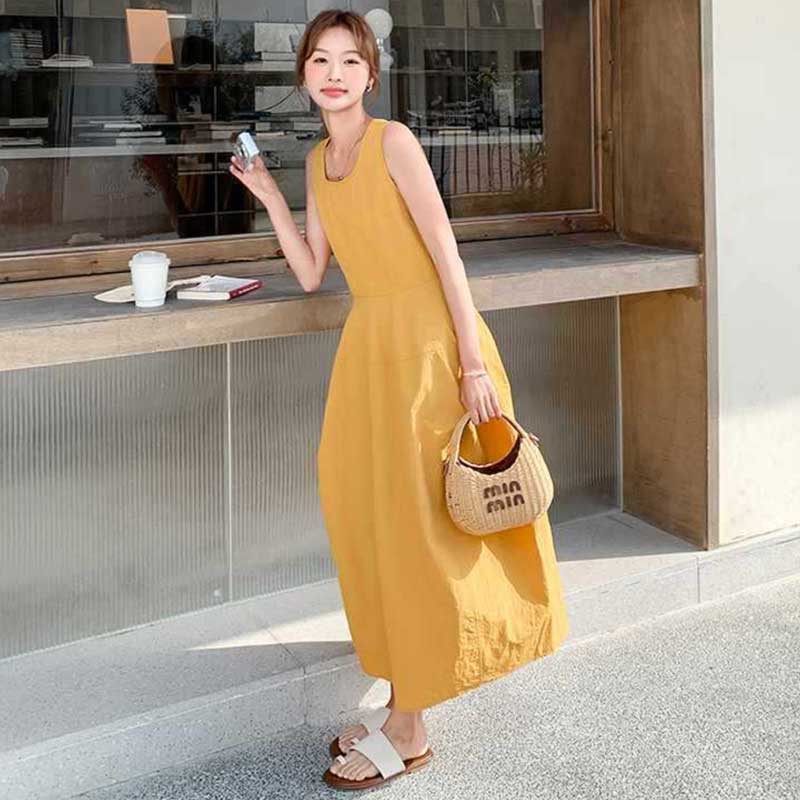 ノースリーブフレアロングワンピース（黄）春/夏 夏の太陽に映える1枚