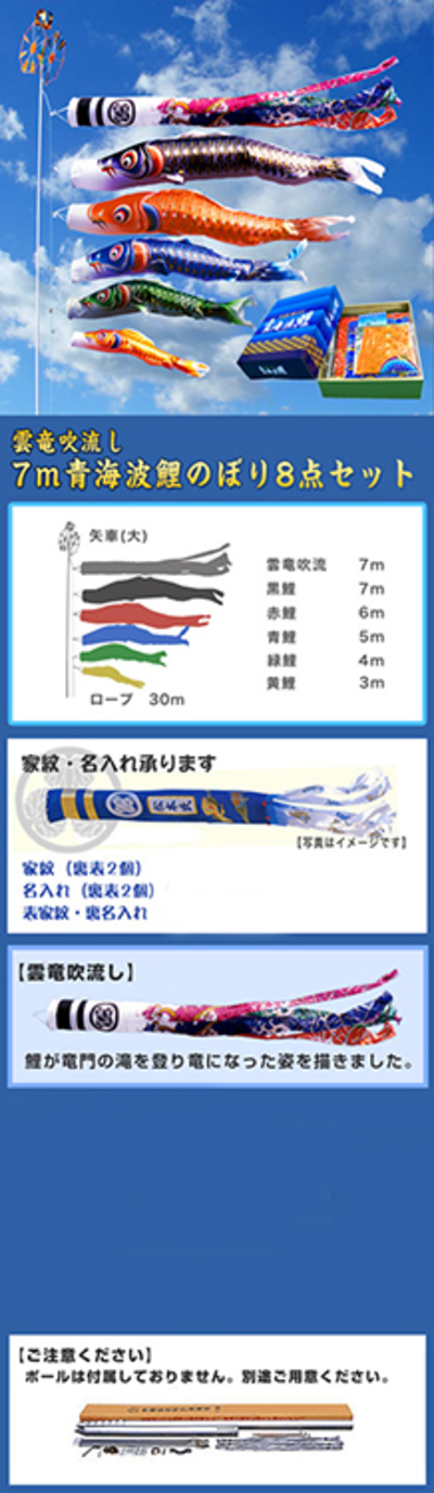 7m青海波雲竜吹流鯉のぼり 8点セット｜人形の伏見屋
