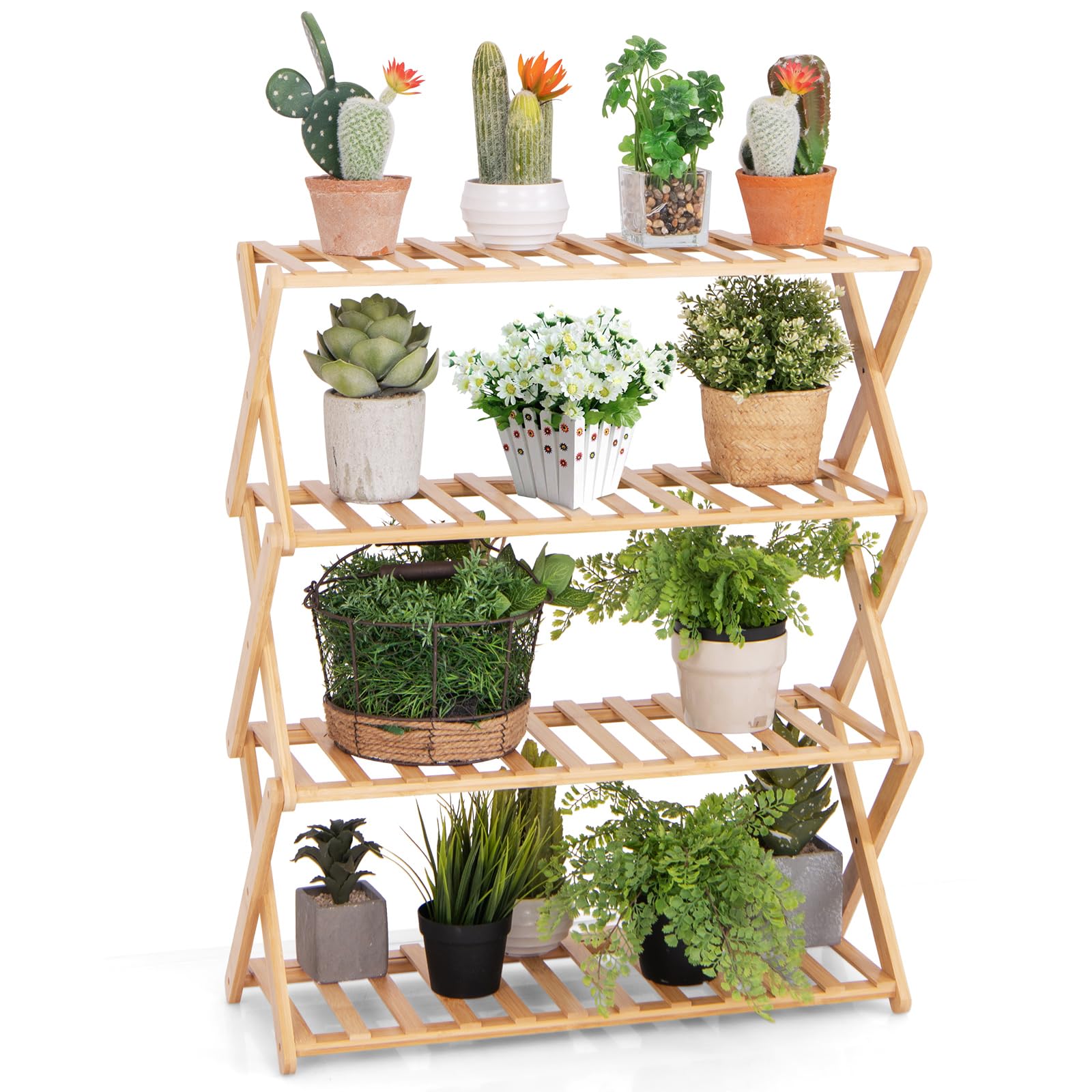 Giantex Bamboo Plant Stand Indoor, 4-Tier Folding Planter Shelf