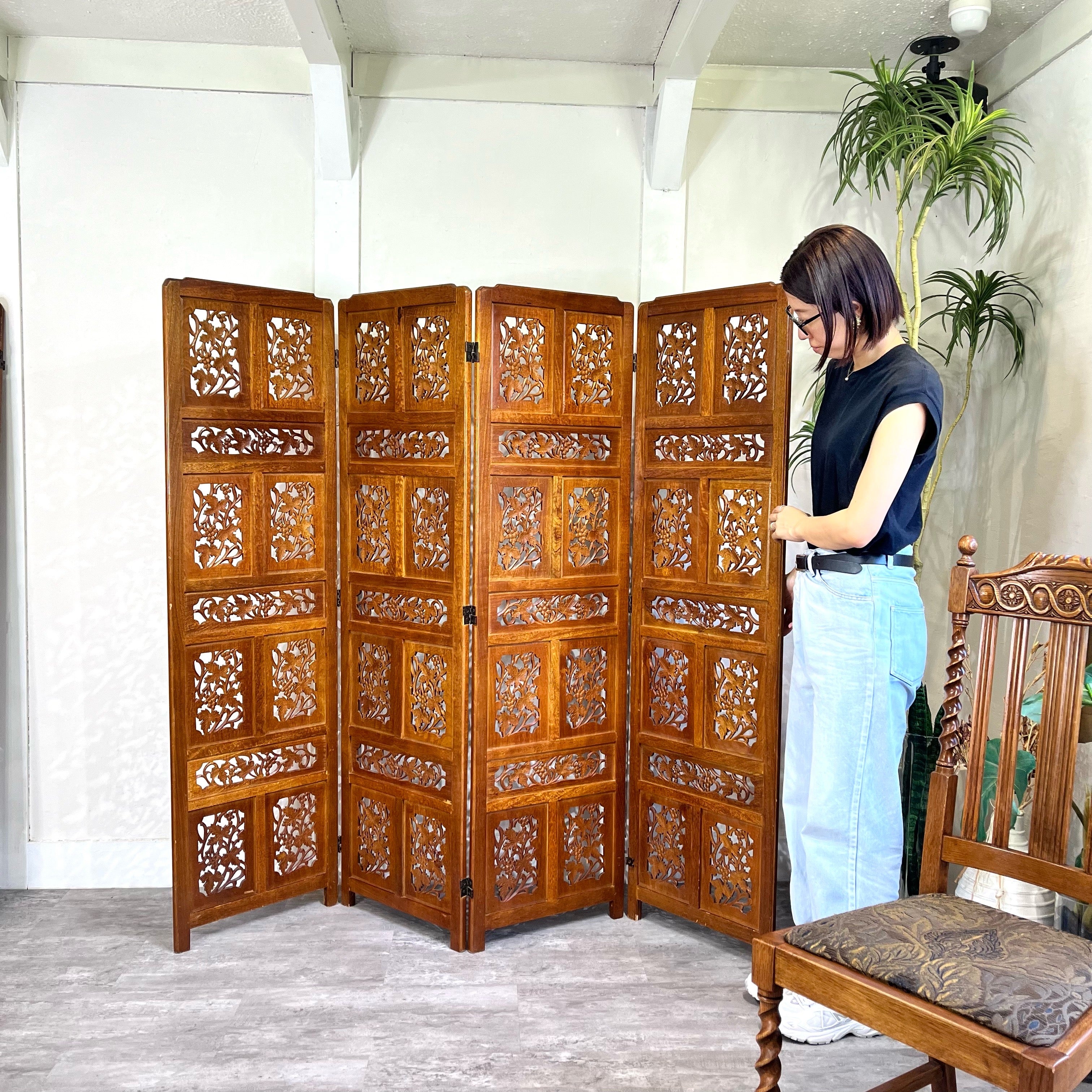 チーク材 パーテーション 4連 アジアン エキゾチック エスニック 中古