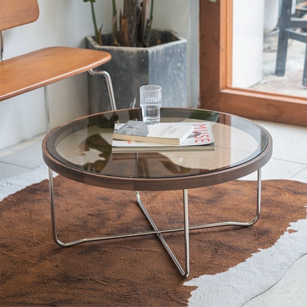 ナチュラルモダンサークルセンターテーブル おしゃれガラス×ウッド