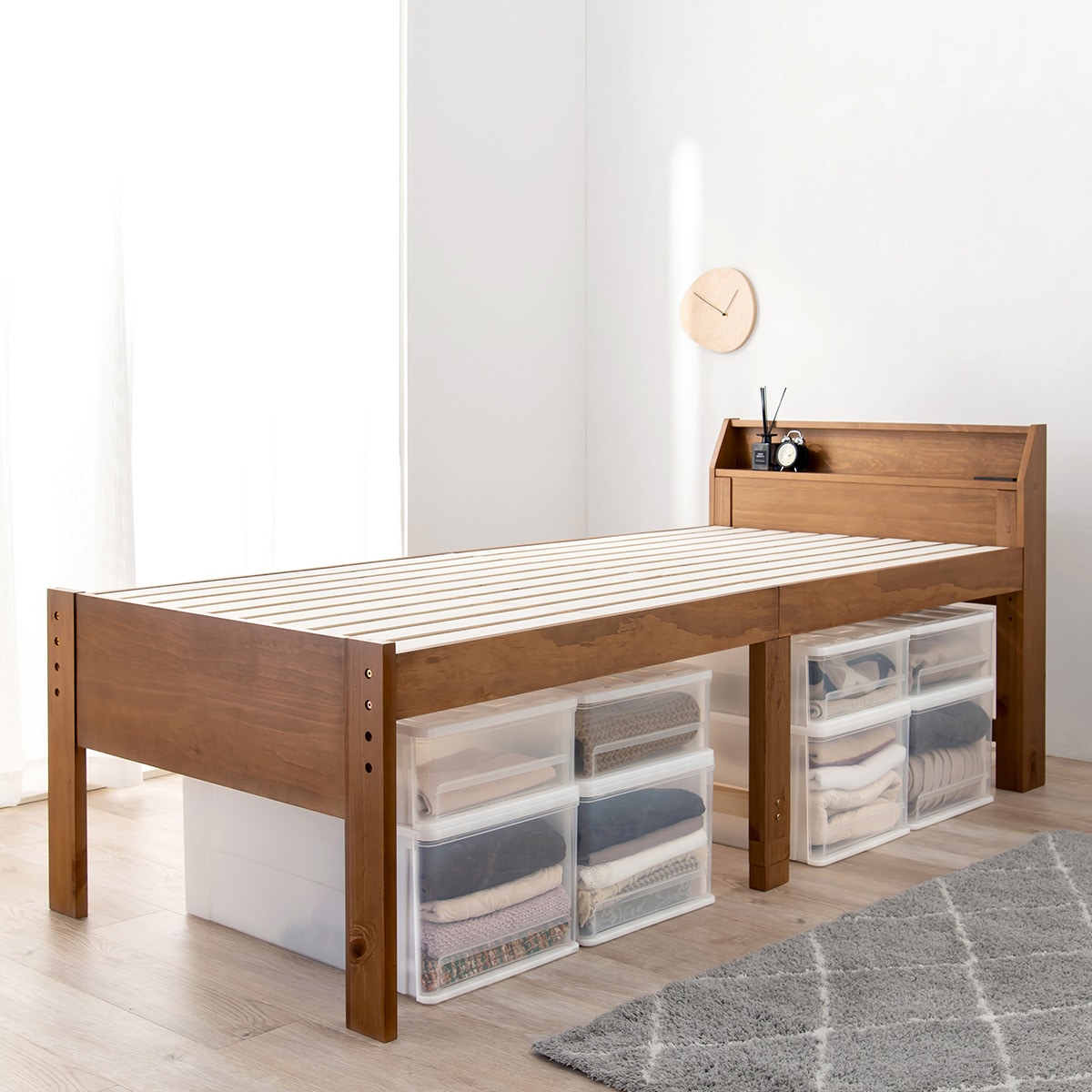 天然木 頑丈ロングベッドフレーム (ハイタイプ S LBR) メーカー直送