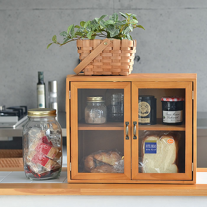 ブレッドケース ウッドキャビネット ガラスケース キッチン 収納 木製