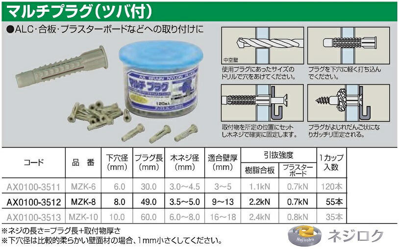 楽天市場】ナイロン マルチプラグ（ツバ付） MZK-8 入数55本