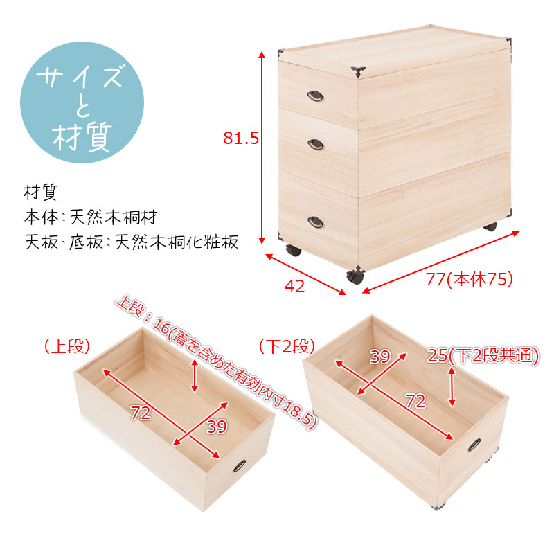 楽天市場】総桐おもちゃ収納ケース 3段 高さ81.5 天然木 桐材 完成品