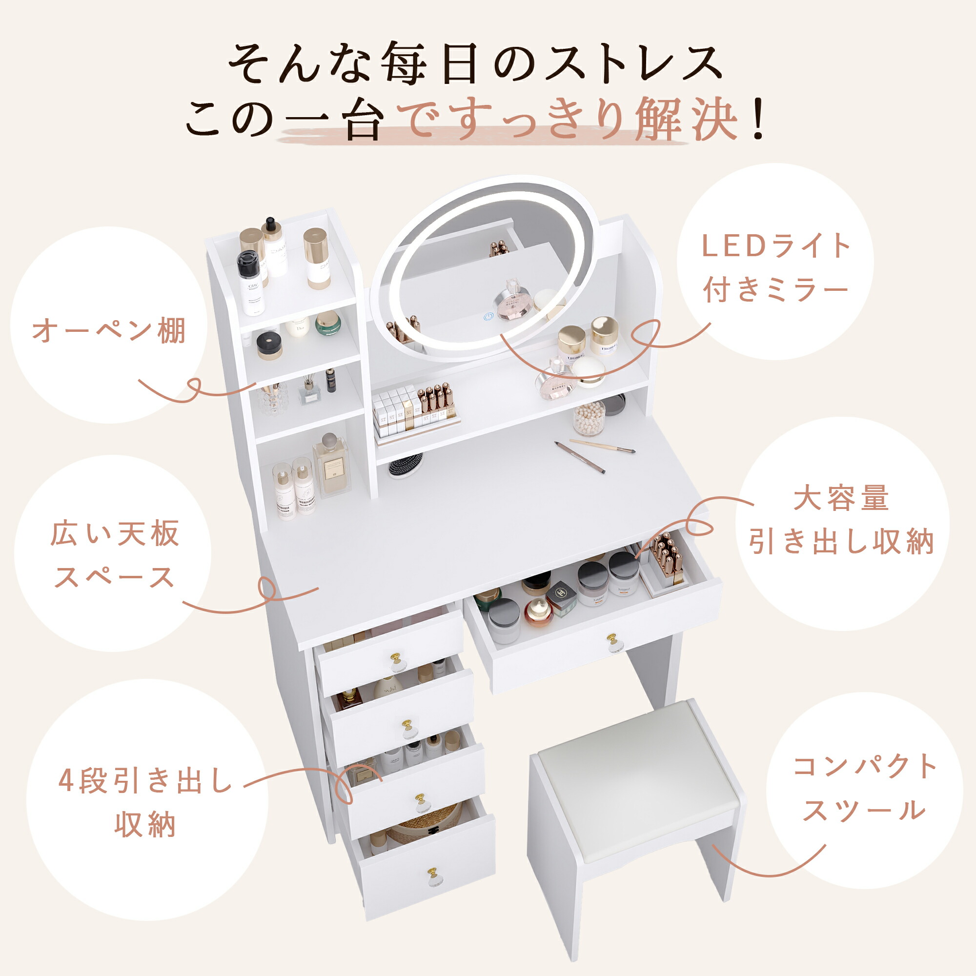 楽天市場】ドレッサー 幅80cm おしゃれ 白 ホワイト ミラー 木製 大