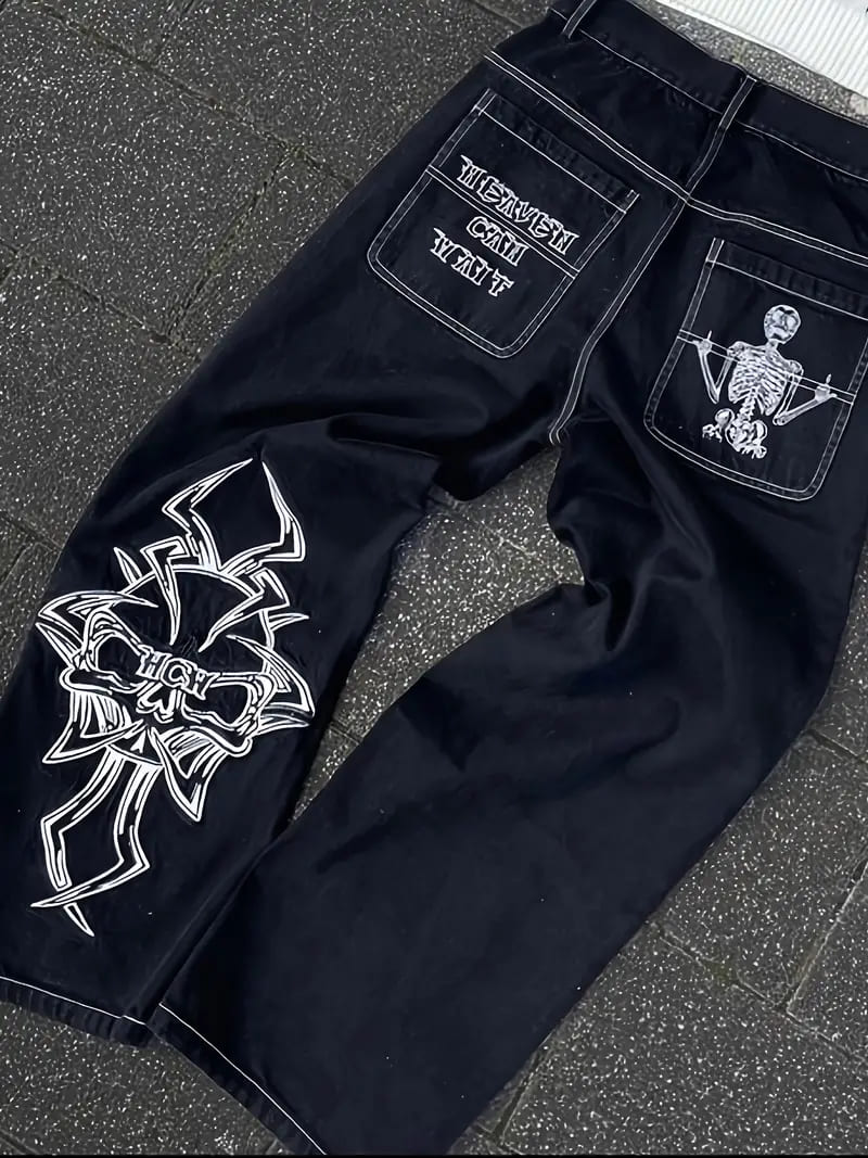 楽天市場】刺繍入り ジーンズ 016 ホワイト刺繍 黒 ワイドパンツ B系