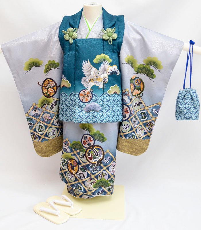 楽天市場】七五三 753 着物 3歳 男の子 被布セット 鷹柄 エメラルド