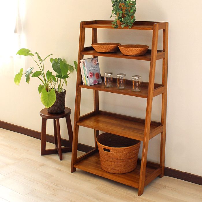 楽天市場】木製ラック 本棚 チーク材 無垢材 シェルフ ディスプレイ