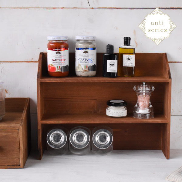 楽天市場】天然木 アンティーク調 ウッドラック 棚 スパイスラック 三