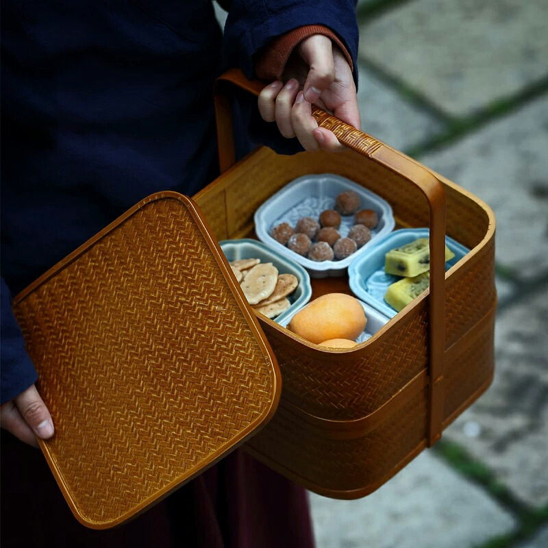 楽天市場】竹 かご ハンドル付き 二段 重箱 四角 手作り 行楽弁当箱
