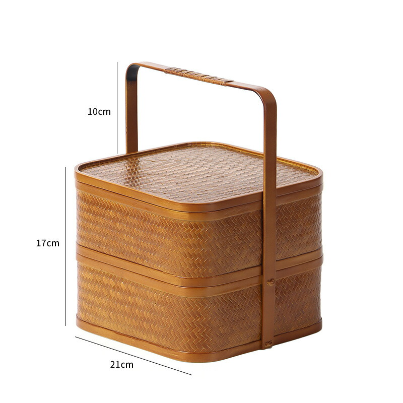 楽天市場】竹 かご ハンドル付き 二段 重箱 四角 手作り 行楽弁当箱