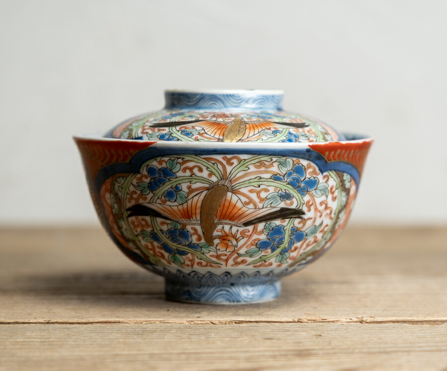 古伊万里　染錦金彩蓋付碗　骨董　蓋付き茶碗 骨董✦古伊万里✦蓋付き陶器碗 3点セット 色絵金彩上手 印判 江戸明治