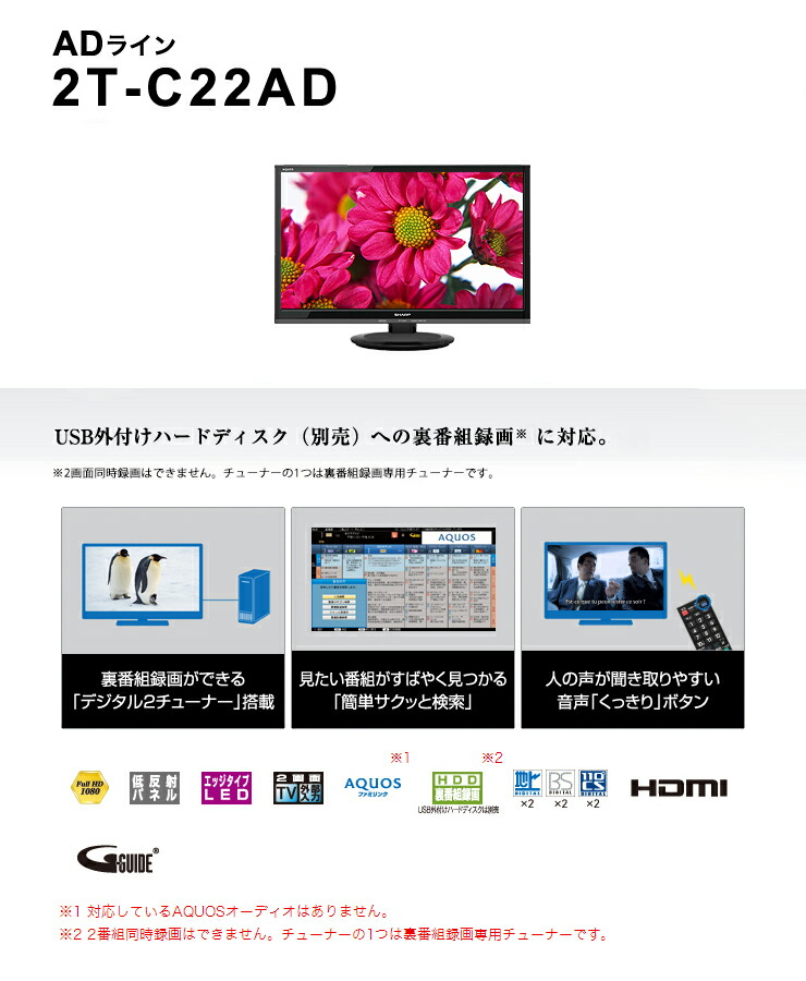 楽天市場】シャープ SHARP AQUOS A AD 2T-C22AD-B 22.0インチ ブラック