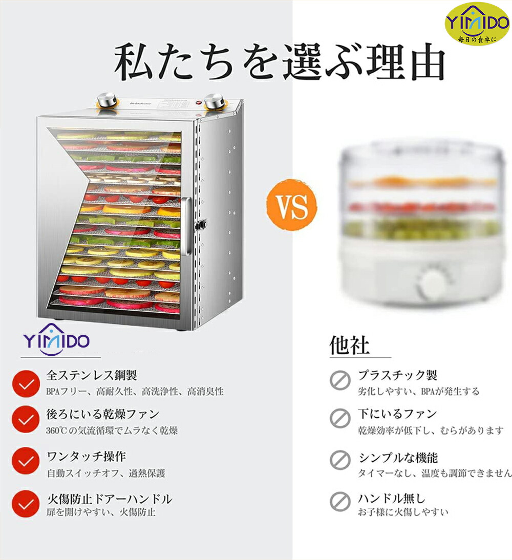 楽天市場】YiMiDOフードドライヤー 食品乾燥機 900W 90°C調節 レシピ付