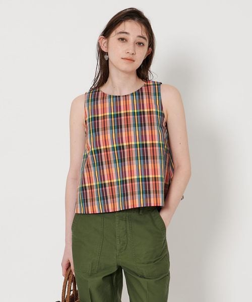チェック フレアノースリーブ トップス