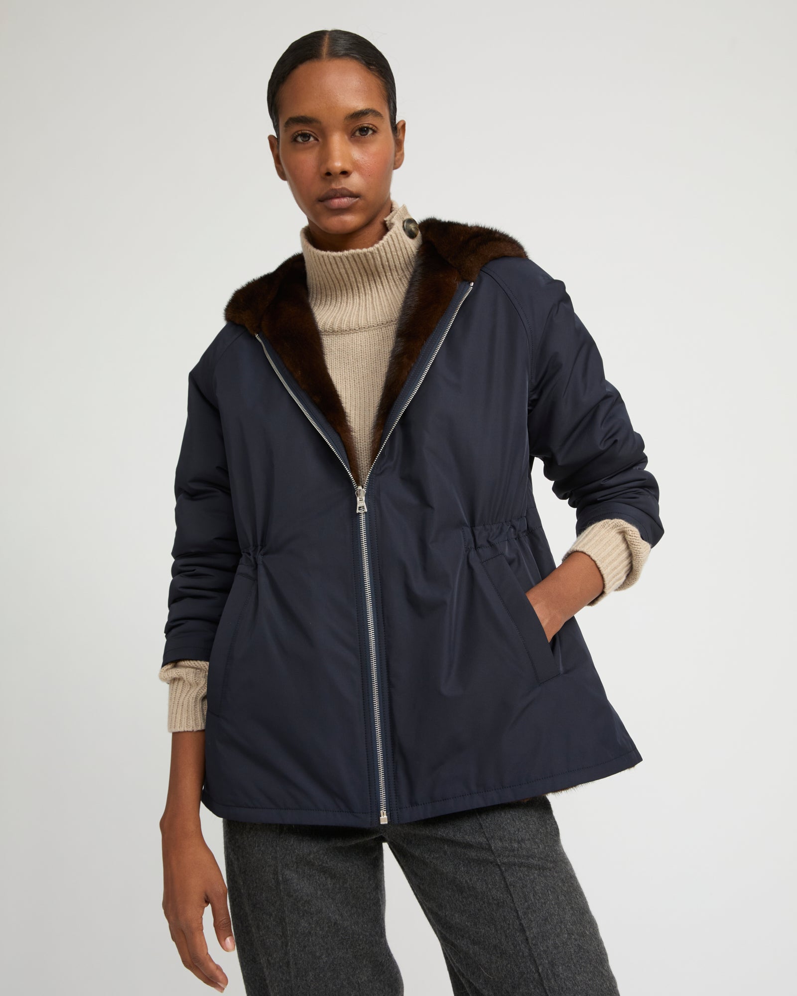 Hooded blouson in mink fur reversible technical fabric - navy