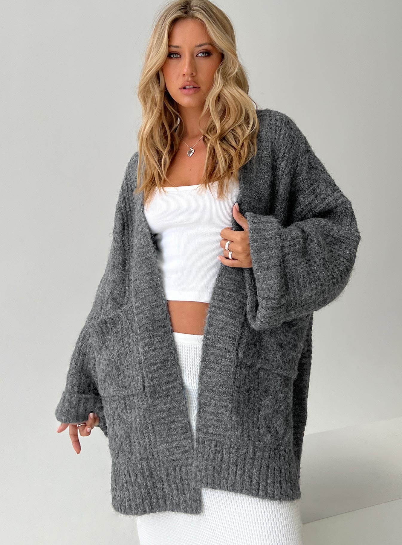 Paisleigh Cable Knit Cardigan Charcoal | Princess Polly
