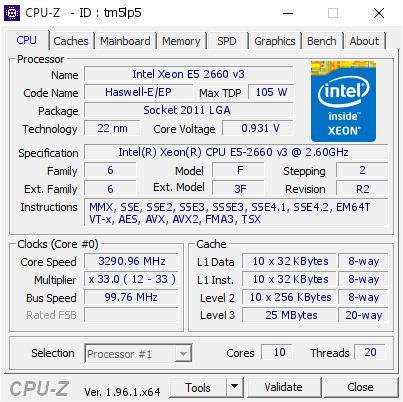 Intel Xeon E5 2660 v3 @ 3290.96 MHz - CPU-Z VALIDATOR
