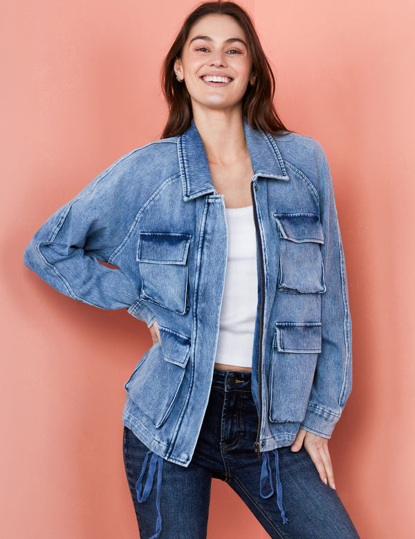Women's Knit Denim Jacket with Drawstring Waist – Wash Lab