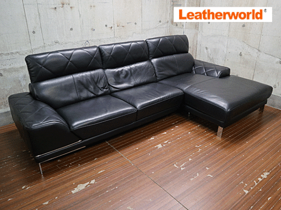 Leatherworld】レザーワールド 黒総革 カウチソファ HTL ワタリ