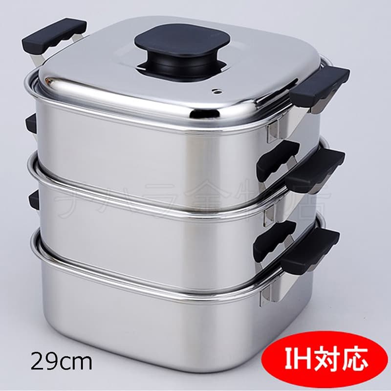 桃印PEACHBRAND 角型蒸し器3段（IH対応） 29cm 18-0ステンレス 日本製