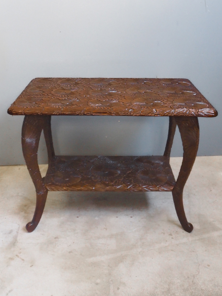 日光彫り、美しい薔薇のサイドテーブル、花台 直径52.5cm】フラワーマンダラの彫刻が美しいサイドテーブル ブラウン