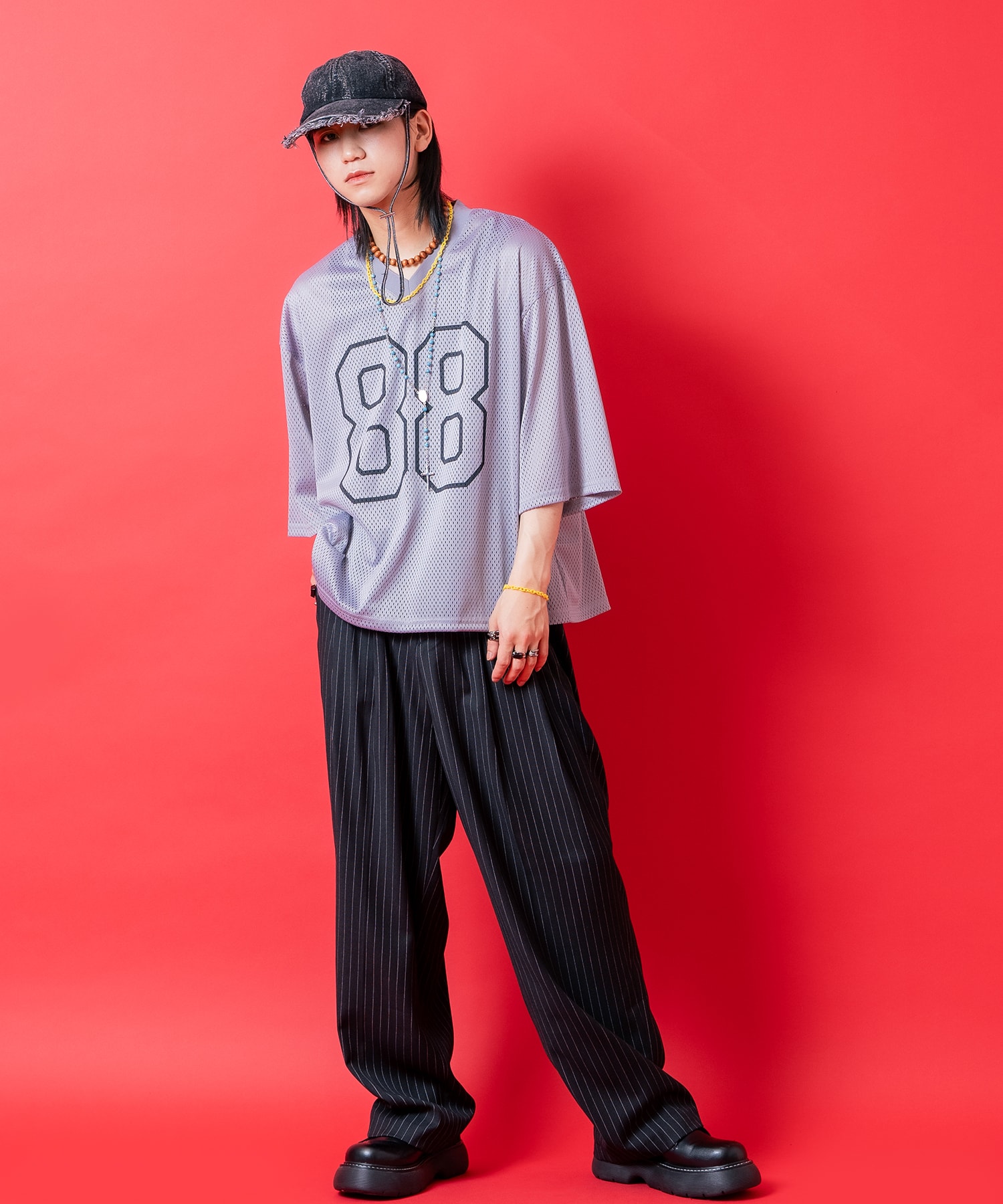 ナンバリングプリントクロップド丈オーバーサイズメッシュゲームシャツ