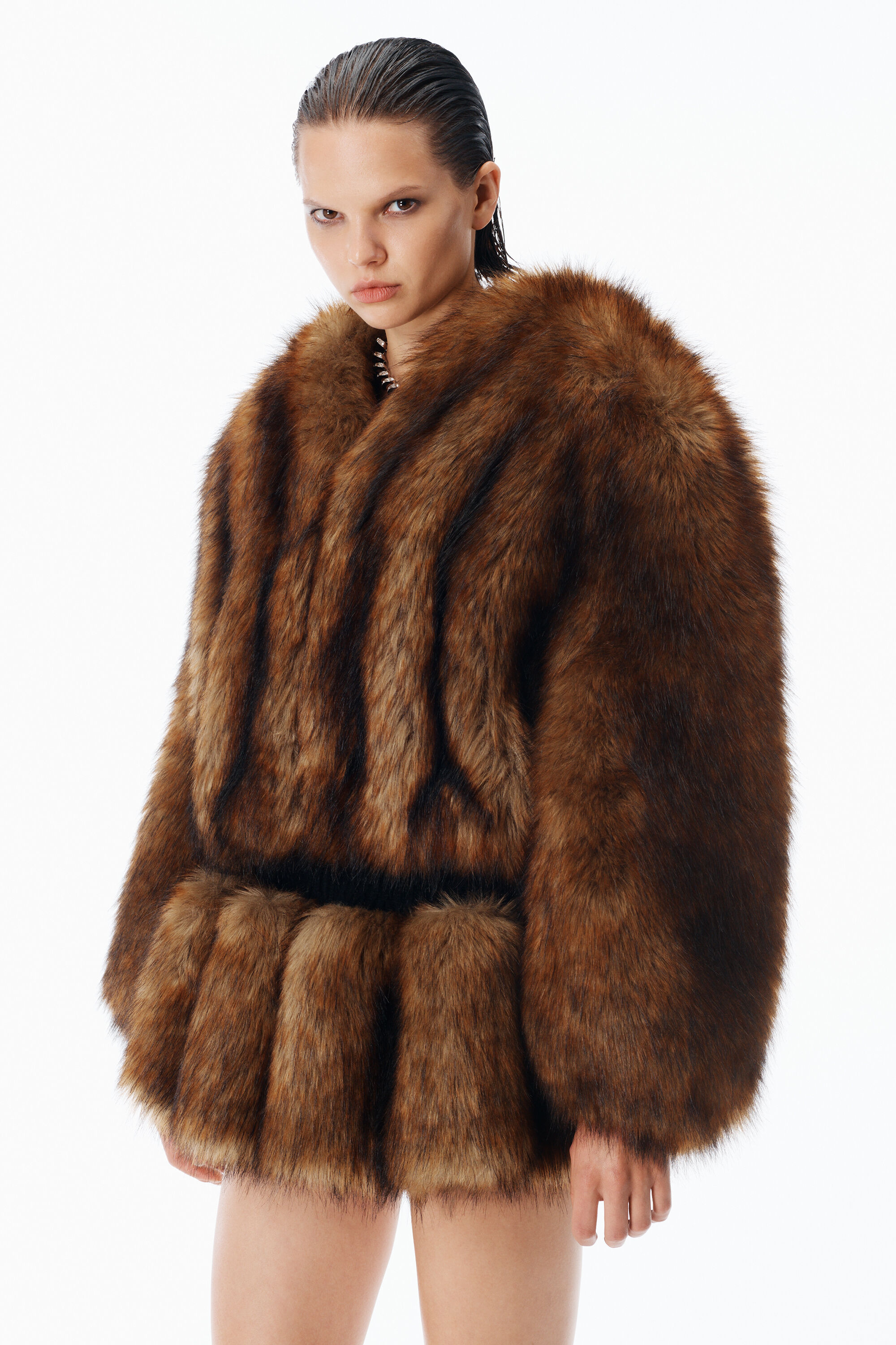 Faux Fur Cropped Jacket in CHESNUT | alexanderwang®
