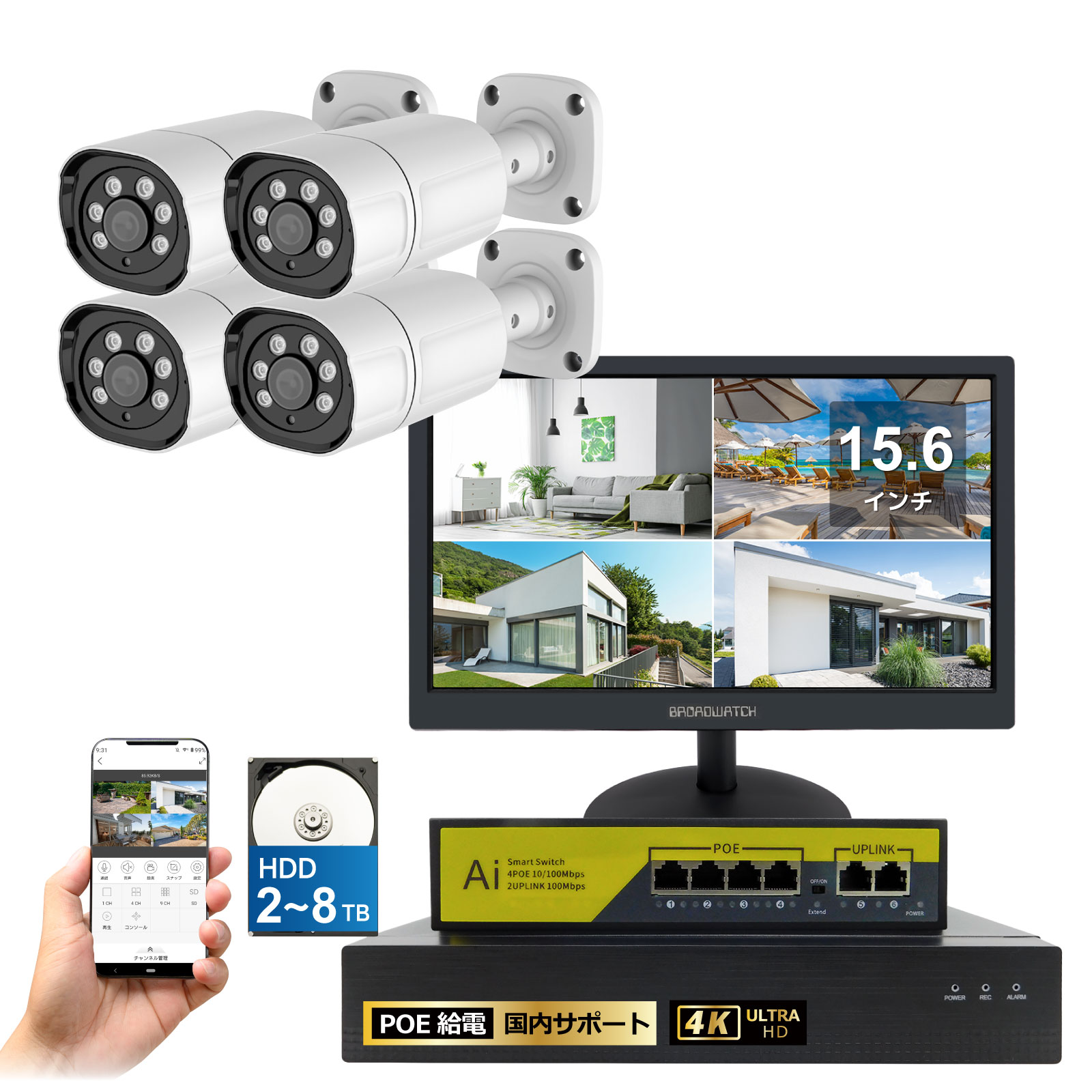 4Kカメラ4台LCD16インチ録画機セット【HDD 4TB】 - 株式会社ブロード