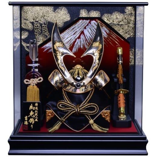 五月人形】兜飾り ケース飾り「向龍鍬形赤富士アクリルケース