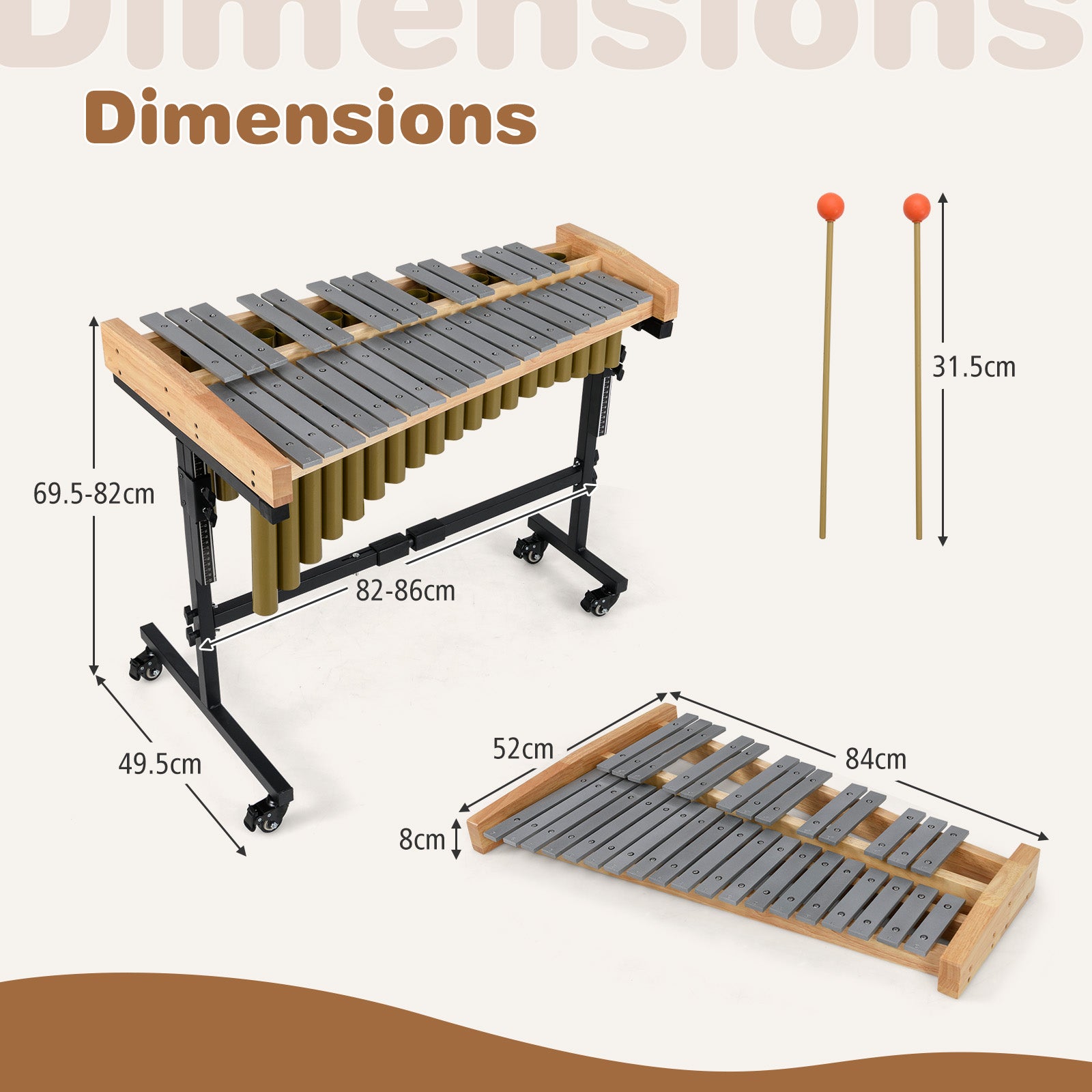 32 Note Marimba, Aluminum Xylophone, Adjustable Stand & Lockable
