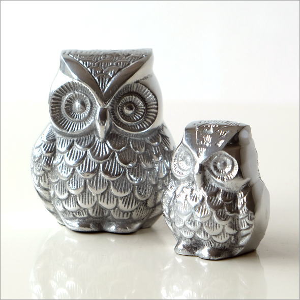 フクロウ 置物 ふくろう オブジェ 置き物 縁起物 メタル シルバー 親子