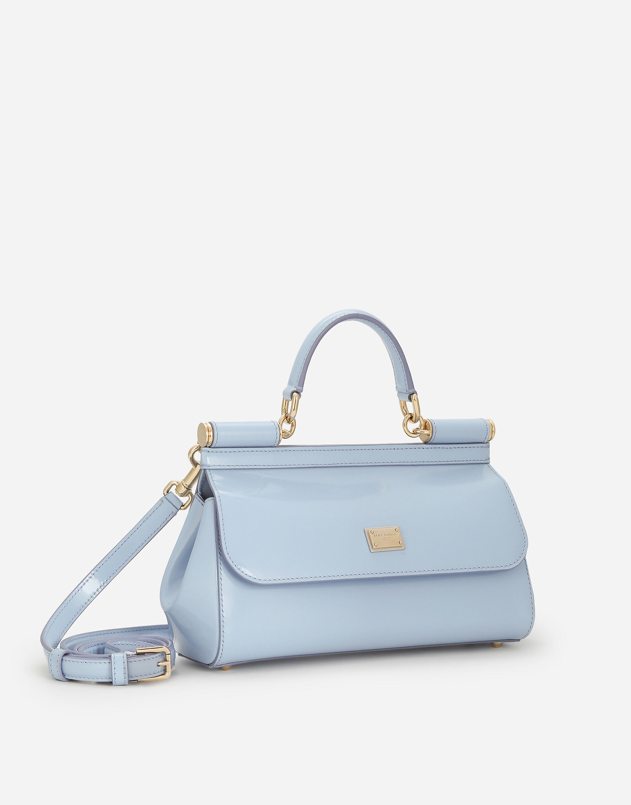 Elongated medium Sicily handbag in polished calfskin in Light Blue