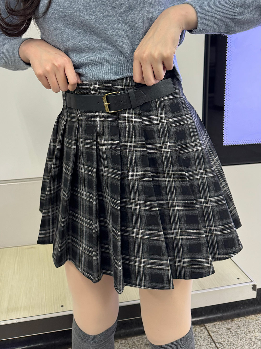 パンツ裏地ウール混ベルトチェックプリーツスカート | レディース