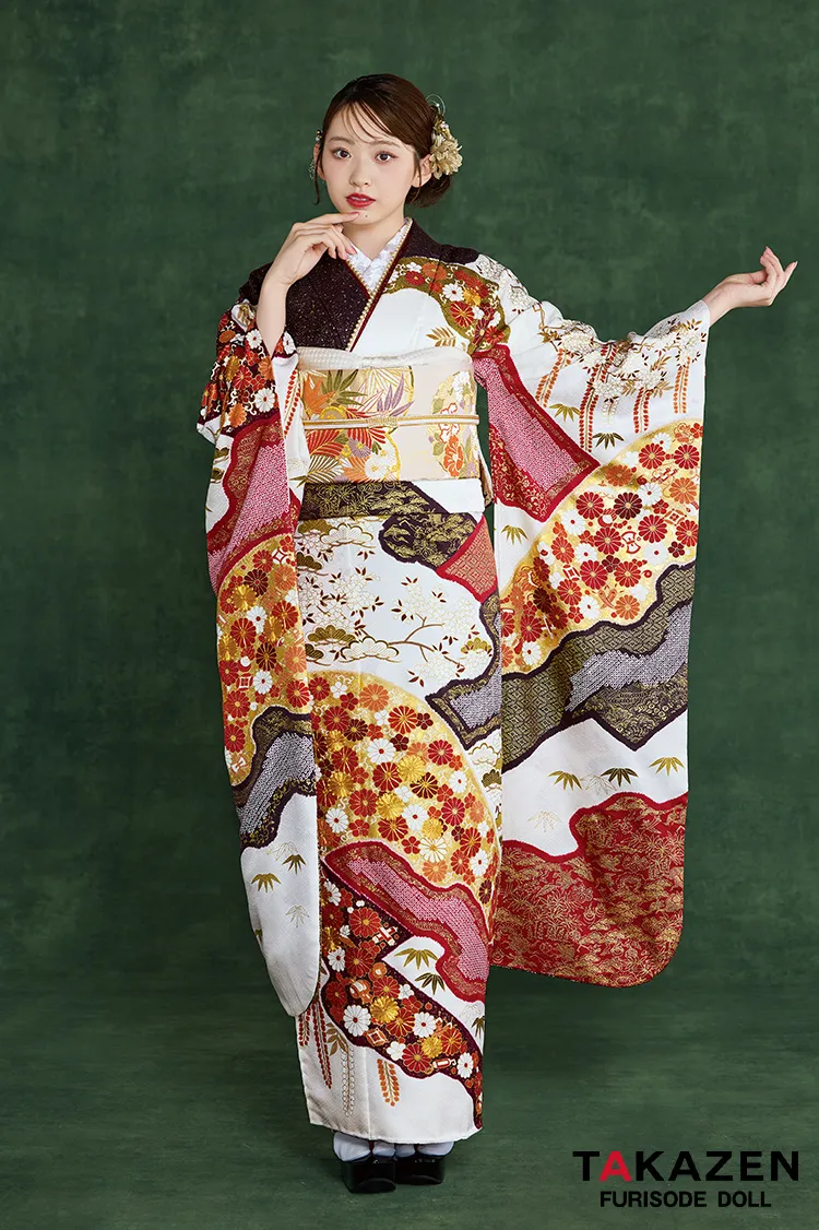 プレミアム古典 青柳/最高級金駒繍絞り手描友禅 白/赤 菊柄 高級振袖