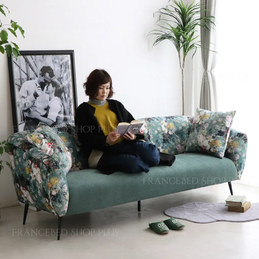 ボタニカルソファ 3人掛け 幅200cm 花柄 高級感 グリーン クッション
