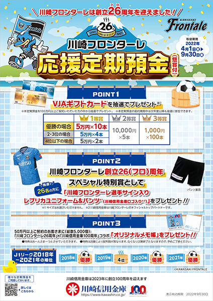 川崎信用金庫「川崎フロンターレ応援定期預金（懸賞付）」発売の