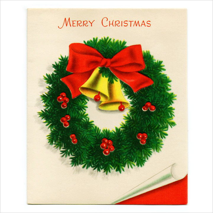 USAヴィンテージ1950年代クリスマスカードもみの木のリースとジングル
