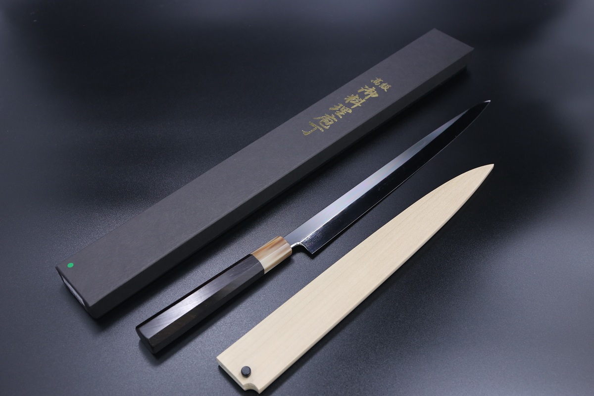 ふぐ引 青鋼 300mm 水本焼 全鏡面 八角黒檀柄 鞘付き 白木健一作-歌舞