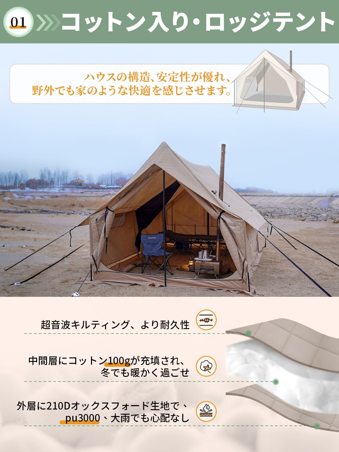 KingCamp ロッジ型テント大型キャンプテント3～5人用 360°視野