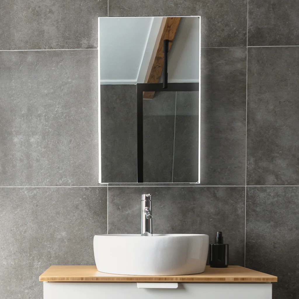 LED一体型ミラーキャビネット 一面鏡」曇り止めヒーター付き 前面光