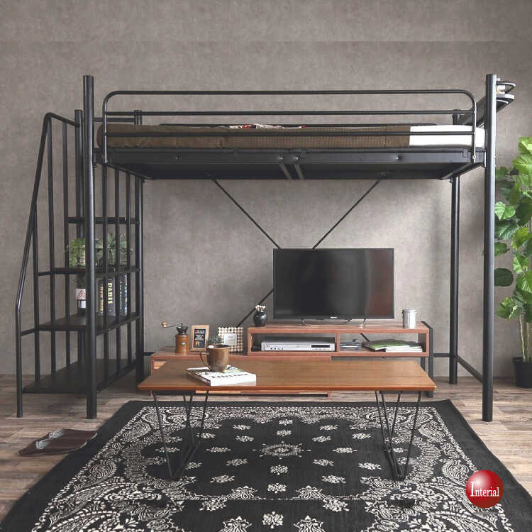 BE-3200 階段付きロフトベッド｜黒ブラック・宮棚＆電源コンセント