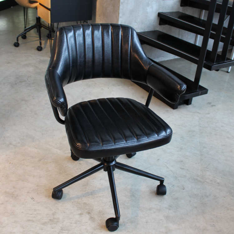 CH-3561 ブラックPUレザー製デスクチェア｜黒・レトロお洒落