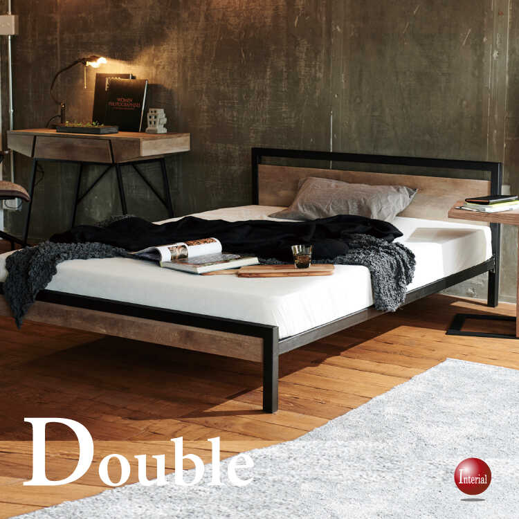 BE-3275 北欧ヴィンテージなダブルベッド｜古木柄・スチールすのこ
