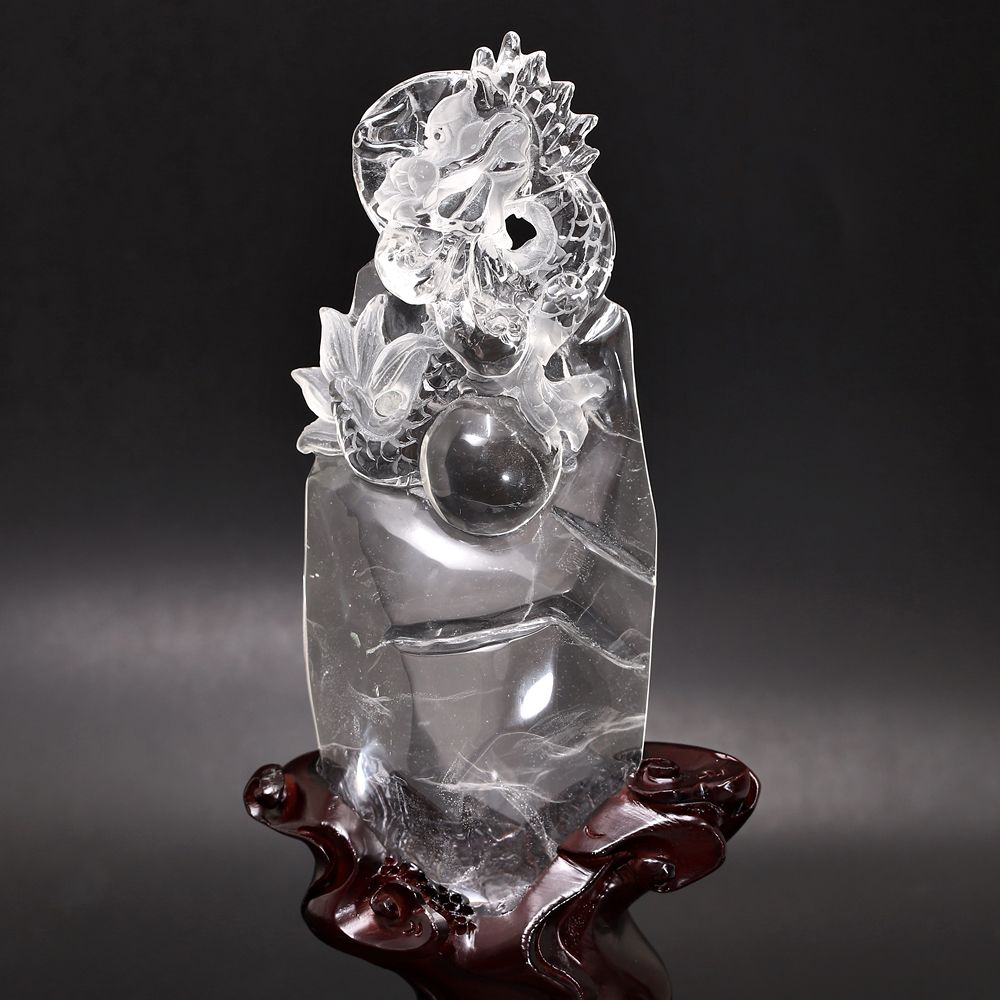 天然水晶(辰)龍彫刻（全高265mm・専用木製台座・専用ケース付属