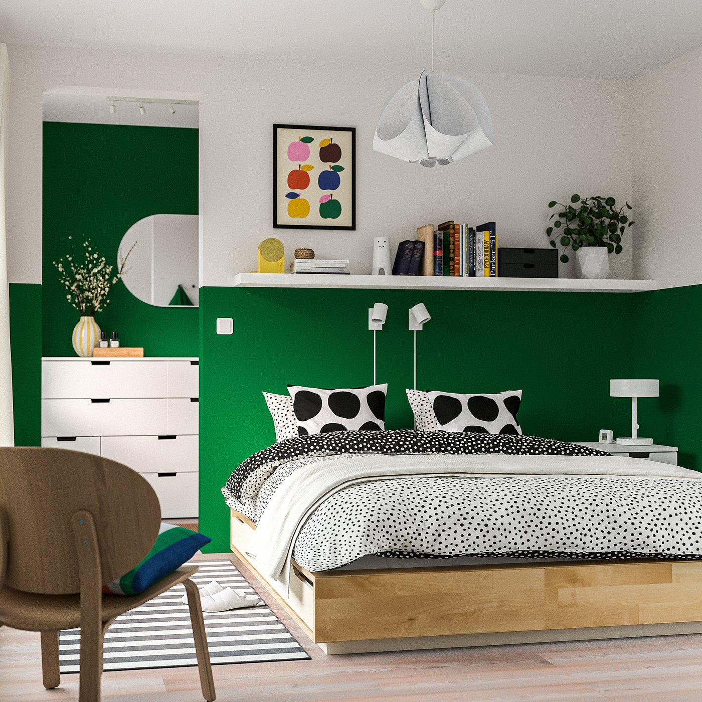 MANDAL マンダール ベッドフレーム 収納付き, バーチ, ホワイト