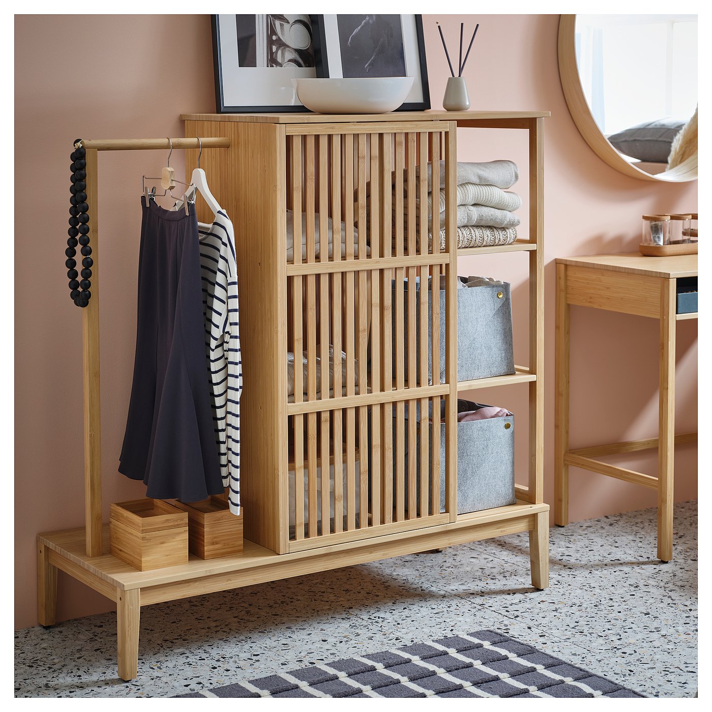 NORDKISA Open wardrobe with sliding door, bamboo, Width: 47 1/4